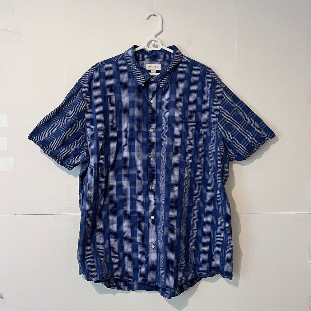 Free Assembly Mens Shirt Size 3XL Blue Plaid Seersucker Short Sleeve Button Up